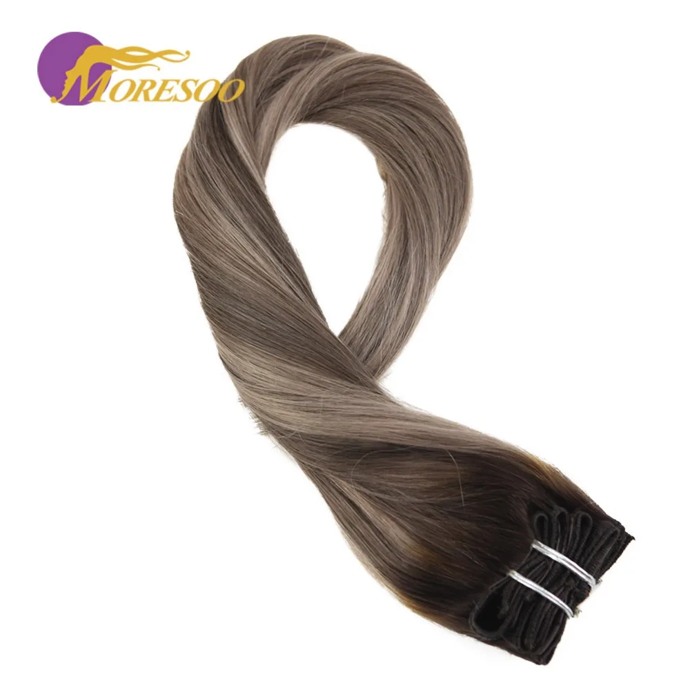 Moresoo Clip in Hair Extensions Machine Remy Human Hair Straight Brazilian Hair 9Pcs/100G Clip Ins 16-24 Inch Double Weft