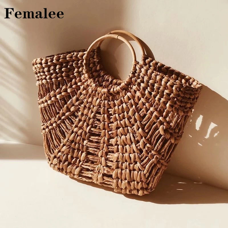 

FEMALEE Retro Vintage Holiday Rattan Bag Handmade Weave Totes All Match Bali Straw Hand Bag Hollow Out Round Handle Handbag