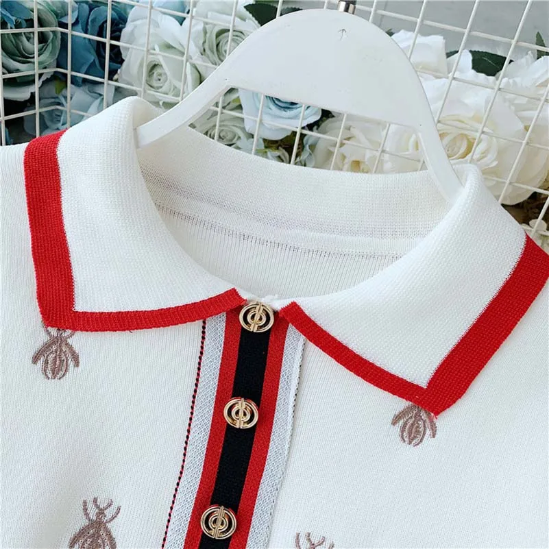 NiceMix Summer Dress Elegant Casual Women Embroidery bee Turn-down Collar shirt dresses Buttons Knitting Mini Office Lady Dress