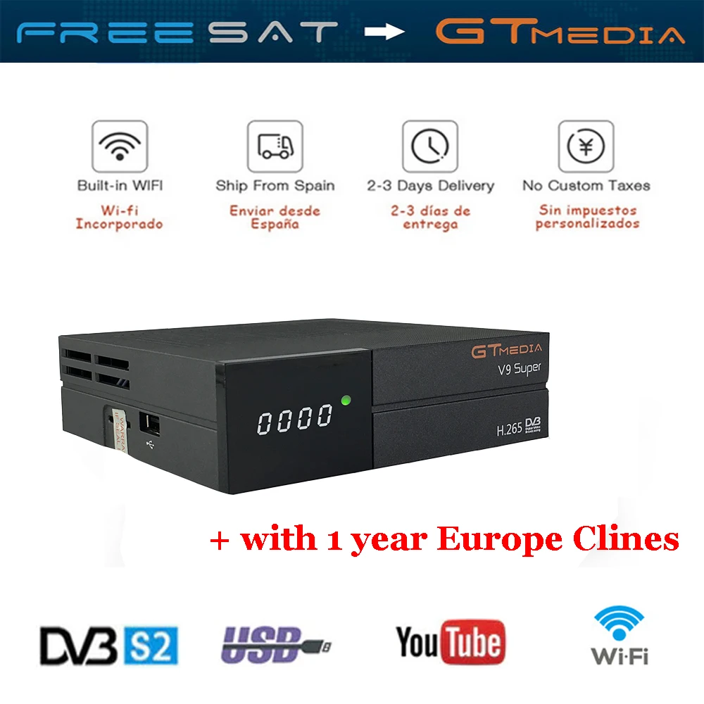

GT media Satellite Receiver V9 Super DVB-S2 H2.65 FREESAT V9 SUPER Satellite TV Receiver HD 1080P with 1 Year 5 Clines Lines