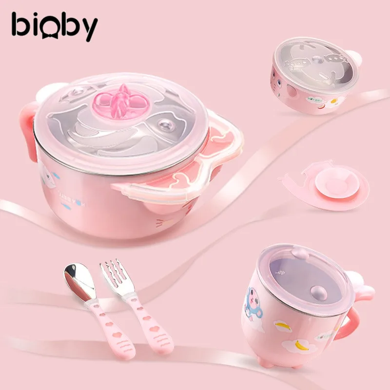 

6Pcs/Set Baby Infant Dinnerware Set Warm Insulation Bowl Nonslip Suction Cup Bowl Spoon Fork Cup Tableware Kids Feeding Supplies
