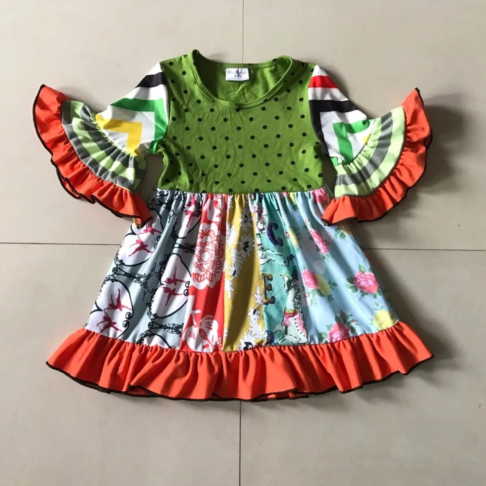 

Novel Fall 100% Cotton Kid's Orange Ruffle 3/4 Flare Sleeve Dress And Baby Girl's and Dots Print Apparel Accessory For Present