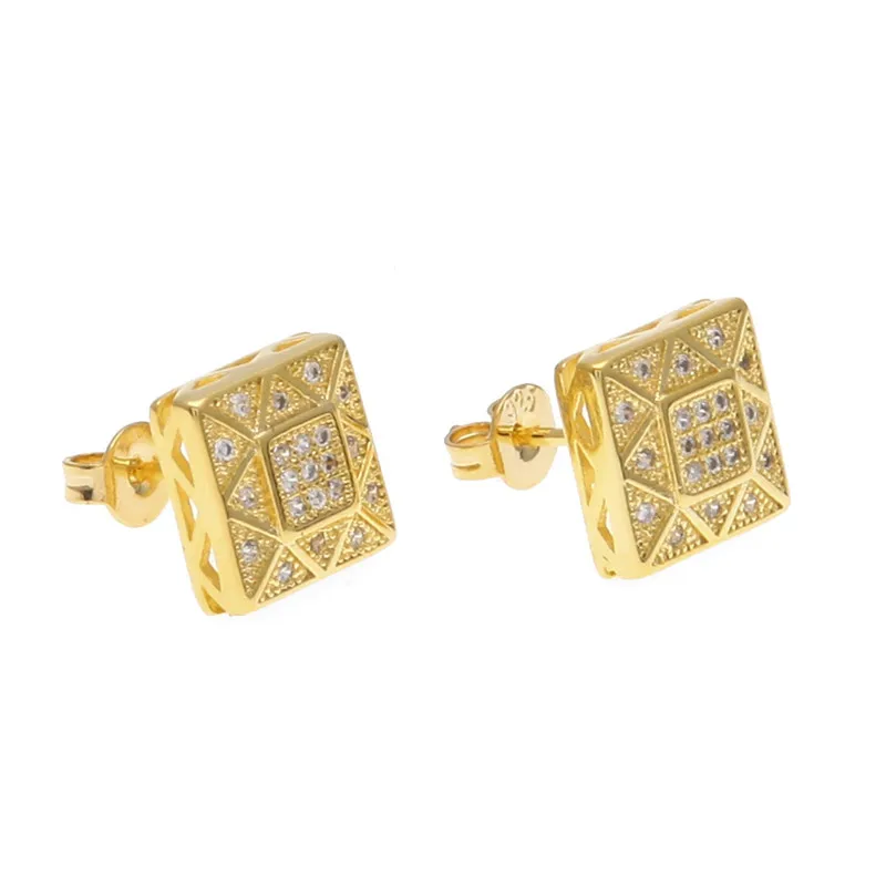 

Hip Hop Mens Square Stud Earrings Yellow Gold Filled Micro Tiny CZ Earrings Fashion Geometric Puzzle Design Male Jewelry Gift