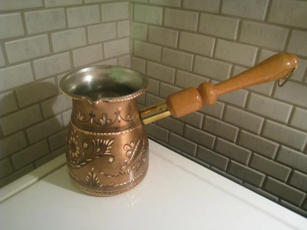 

Turkish Handmade Hand carved Copper Coffee Pot, Cezve Jezve, İbrik Enamel Engraved