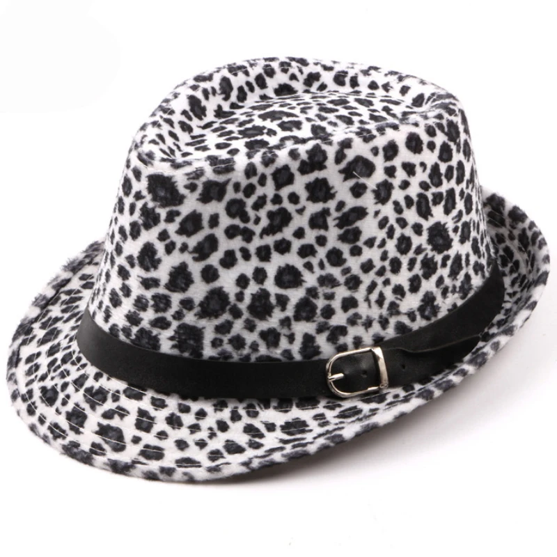 

HT1517 Korea Style Men Women Cap Spring Autumn Leopard Printed Fedoras Casual Black Belt Trilby Hat Fancy Jazz Bowler Derby Hat