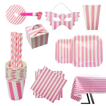 

Disposable Tableware Set for Birthday Party, Dishes, Glasses, Napkins, Tablecloth, Popcorn Box, Straws, Striped Design