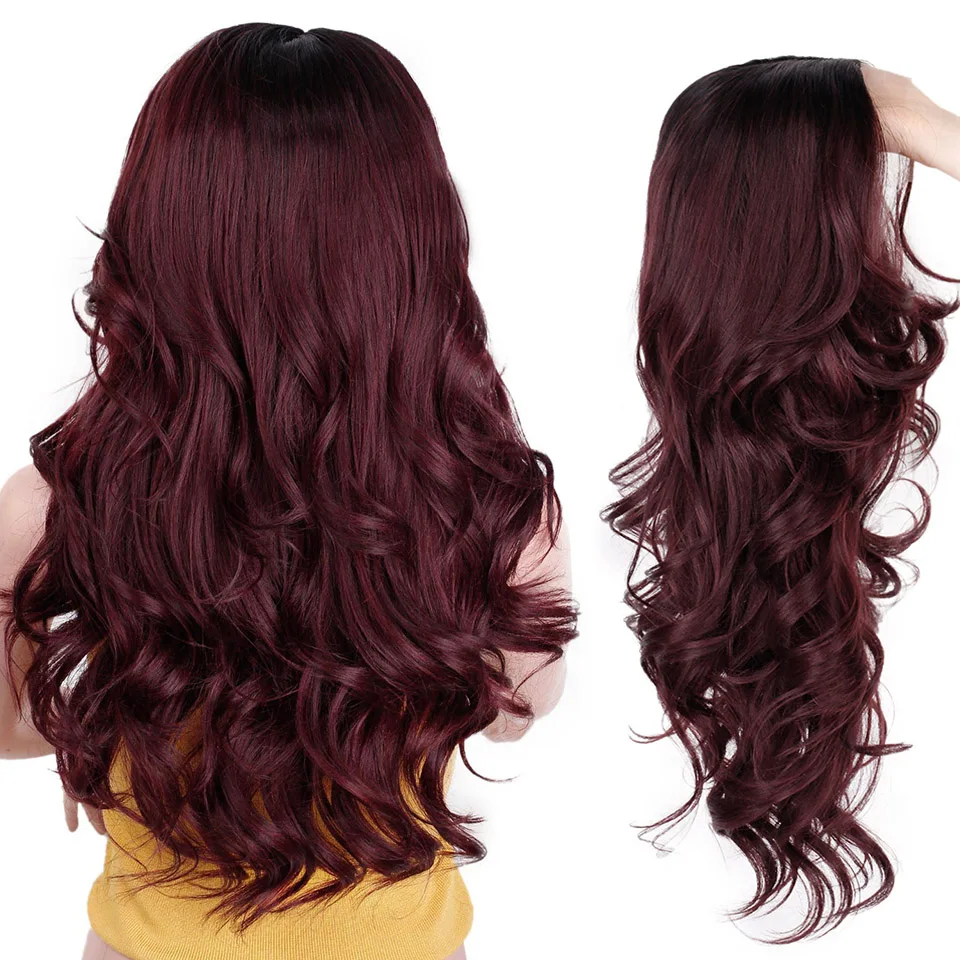 I's a wig 24 inch Ombre Dark Red Long Wavy Wig Perucas front lace Hair Synthetic Lace Wigs for Black Women Wave wig