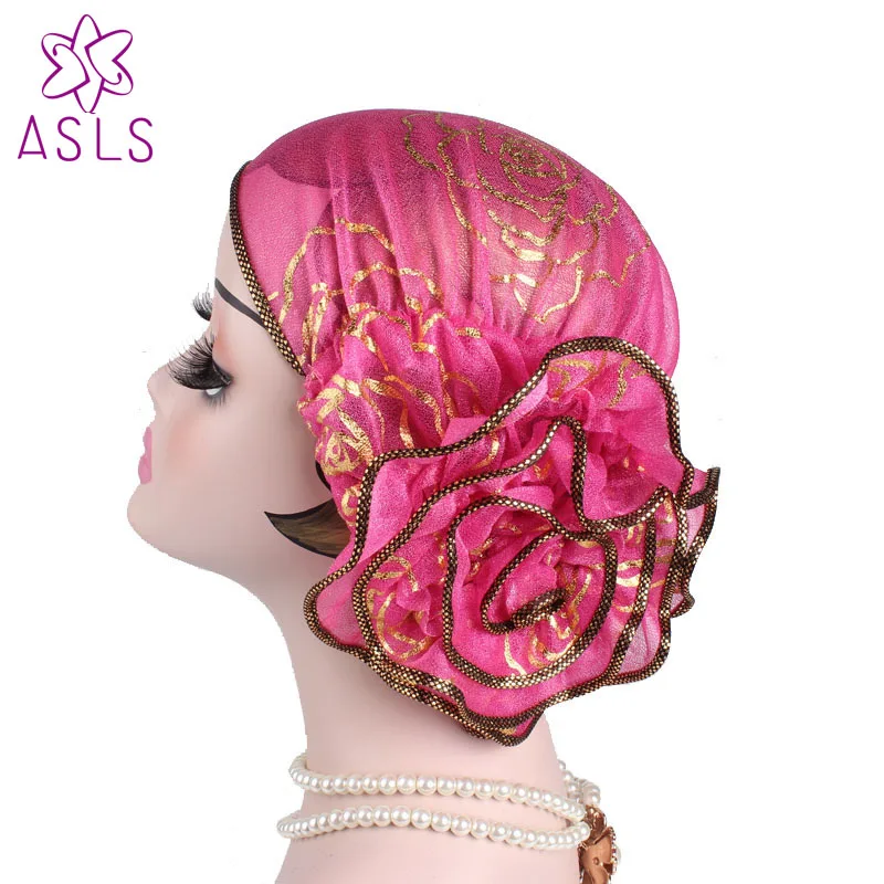 New Women Elegant king Flower Elastic Mesh Turban Chemo Cap Beanie Head Wrap Head Muslim Scarf for Hair Loss Hijab Hat Headband