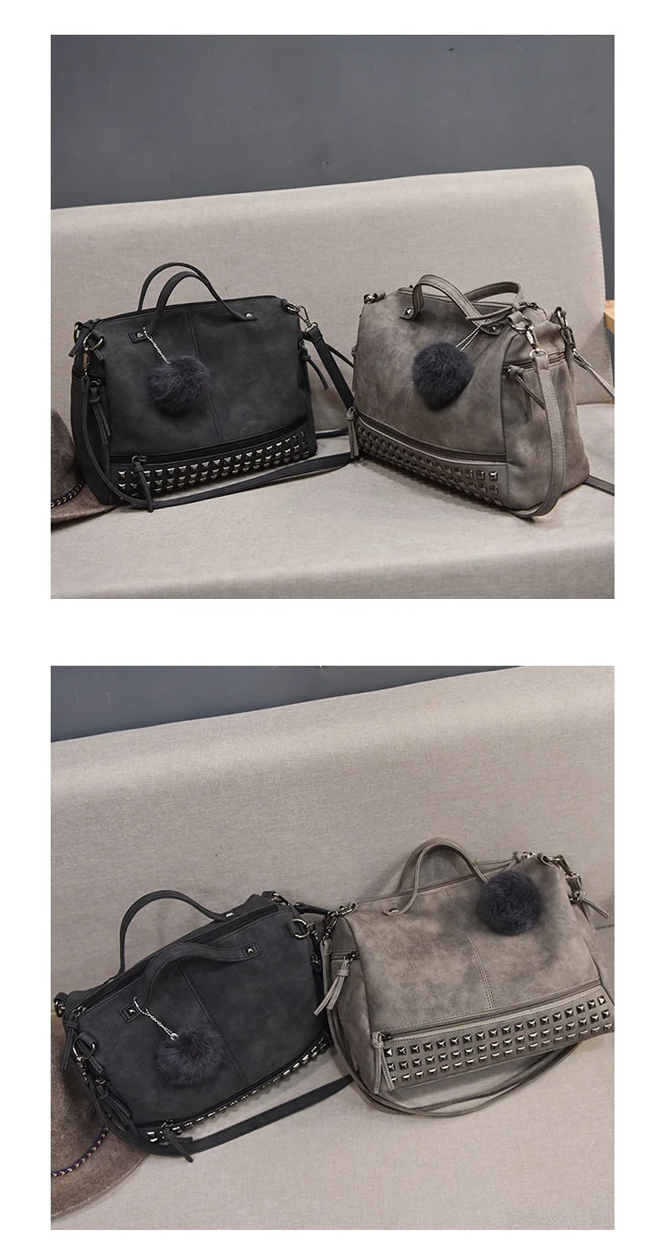 MJ Brand Design Women Handbag Fashion Suede Leather Top-Handle Bags Hair Ball Rivets Shoulder Bag Large Motorcycle Messenger Bag (23)