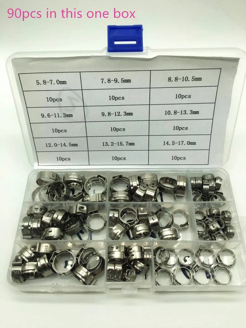 

Free shipping Pipe Clamp High Quality 90 PCS Stainless Steel 304 Single Ear Hose Clamps Assortment Kit Single with box