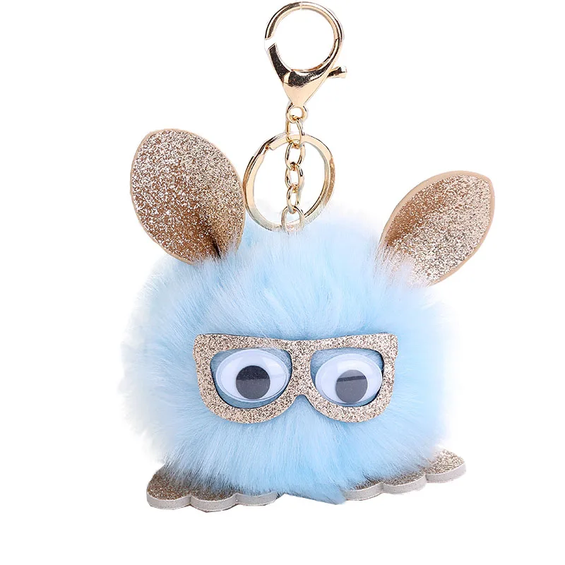 

Cute Fluffy Glass Pom Pom Rabbit Keychain For Women Girls Kids Bag Cars Leather Ears Faux Fur Chaveiro Pompom Key Chains Holder