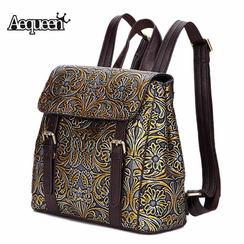 

AEQUEEN Floral Embossed Genuine Leather Backpacks Women Shoulder Bag Chinese National Style Schoolbags For Teenage Girl Daypack