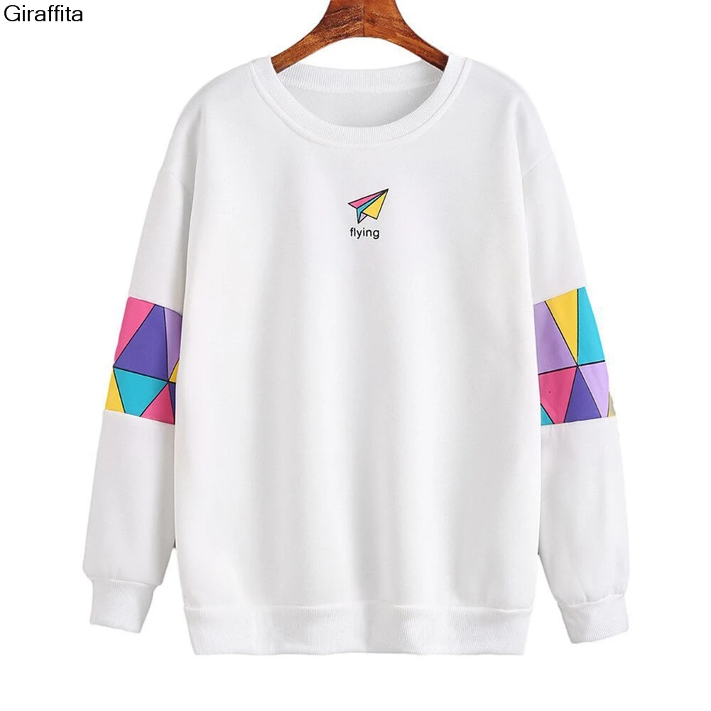 Paper Airplane Print Sweatshirt Women Patchwork O Neck Pullover Autumn Warm Long Sleeve 
