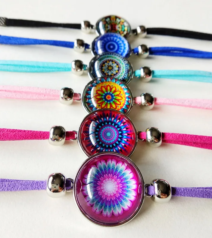 

Jiangzimei 24pcs Mandala Bandana Cashew Rose flowers Peacock feather Glass Leather Bracelets Bangle for Girls Female party gift