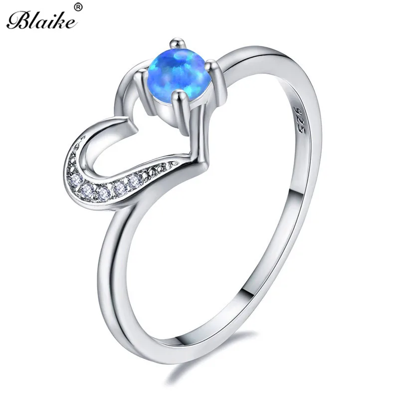 Blaike 925 пробы серебро заполнены полые сердце кольца для Для женщин круглый белый/синий/фиолетовый/огненный опал камень кольцо обручение ювелирные изделия