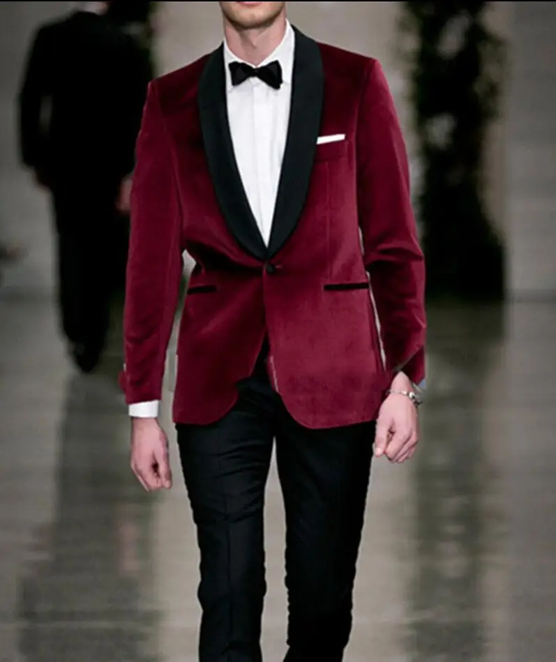 Red Velvet Tailcoat Tuxedo Jacket Men Suit Groom Tuxedos Groomsmen Wear