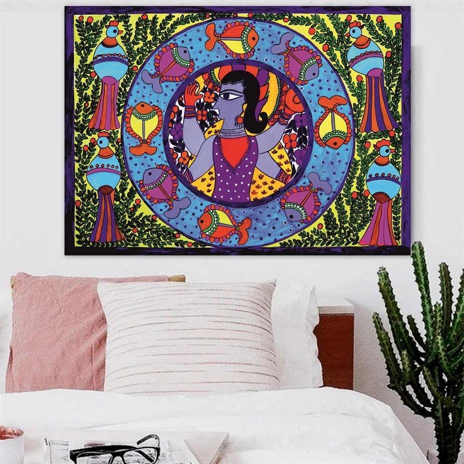 Кришна с индийским Богом ручная работа Madhubani Mithila холст картина печатный плакат