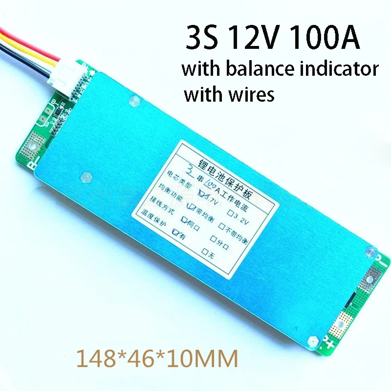 

3S 3.7V Li-ion Lithium Battery Protection Board 12V 11.1V 100A High Current Inverter Charging Discharging Balance Indicator BMS