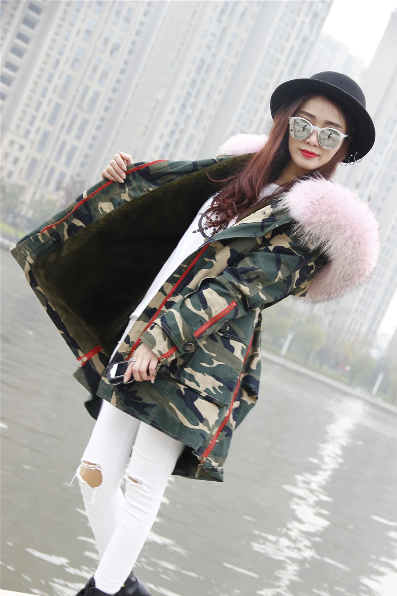 Новые модные зимние пальто женские куртки Воротник мех енота длинный Женщины улица Армейский зеленый черный