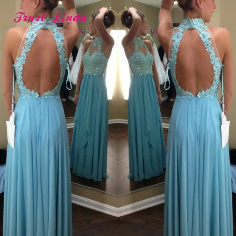 

Amazing Turquoise Special Occasion Dresses Backless High Neck Floor Length Chiffon Prom Dress Robe De Soiree Longue 2018