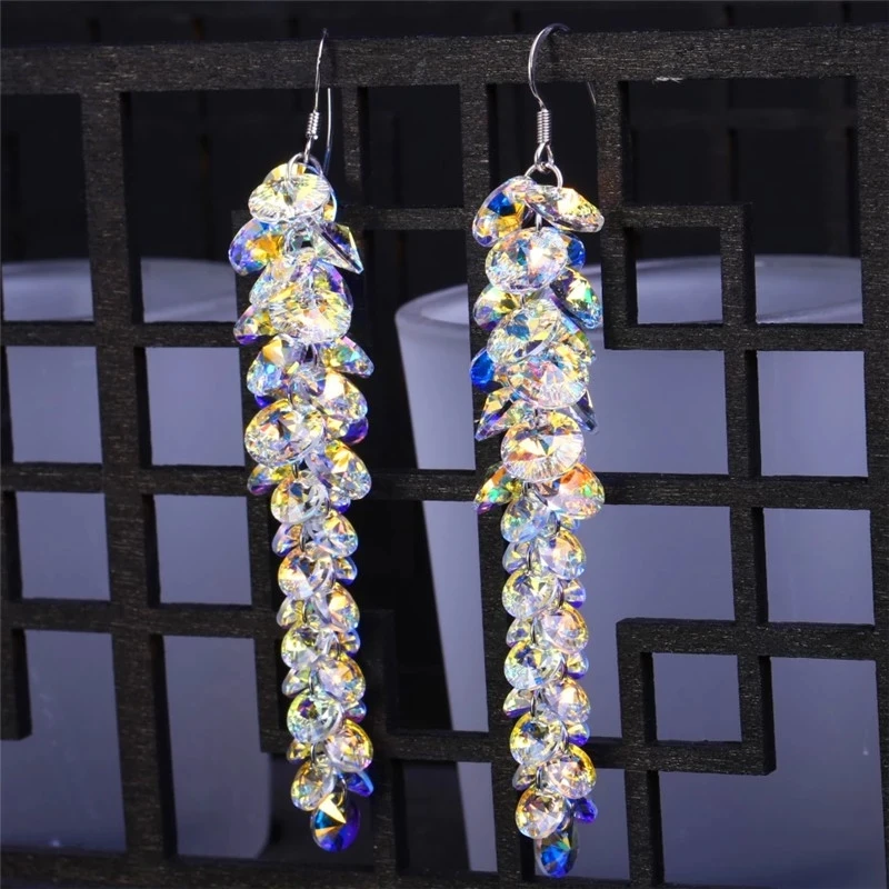 Pure Handmade luxury Glass Crystal Dangle Earrings Trendy S925 Sterling Silver Long Drop