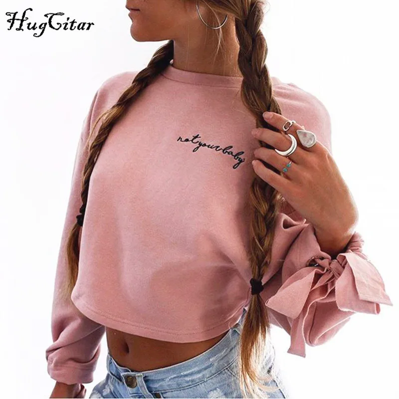 Hugcitar толстовка с вышитыми буквами осенний женский короткий топ с длинным рукавом Розовый Белый однотонный Повседневный пуловер для девочек