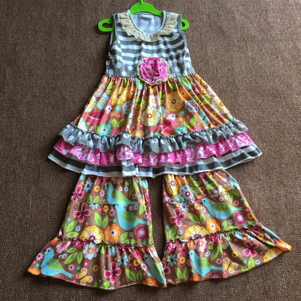 

2017 Beautiful Flower Print Baby Cute Lace Ruffle 100%Cotton Stripe Apparel Infants Habiliment Children Sets Fashion clothing
