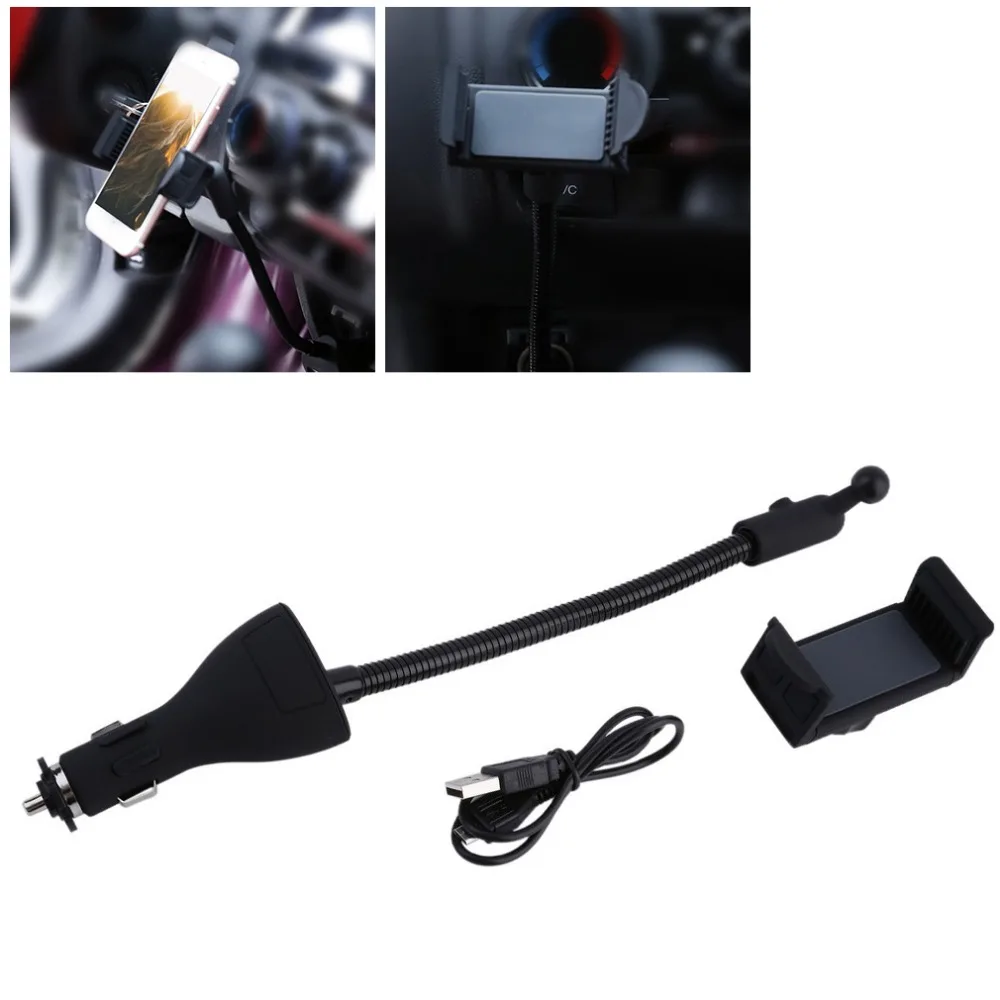 

360 Degree Rotating Flexible Portable Adjustable Car Cigarette Lighter Mount Cell Phone Black Stand Holder Dual USB Charger