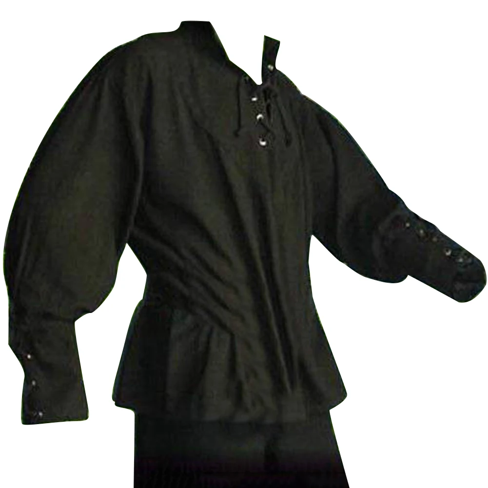 Medieval Men Shirt Solid Color Bandage Stand-up Collar Knight Top Without Belt 