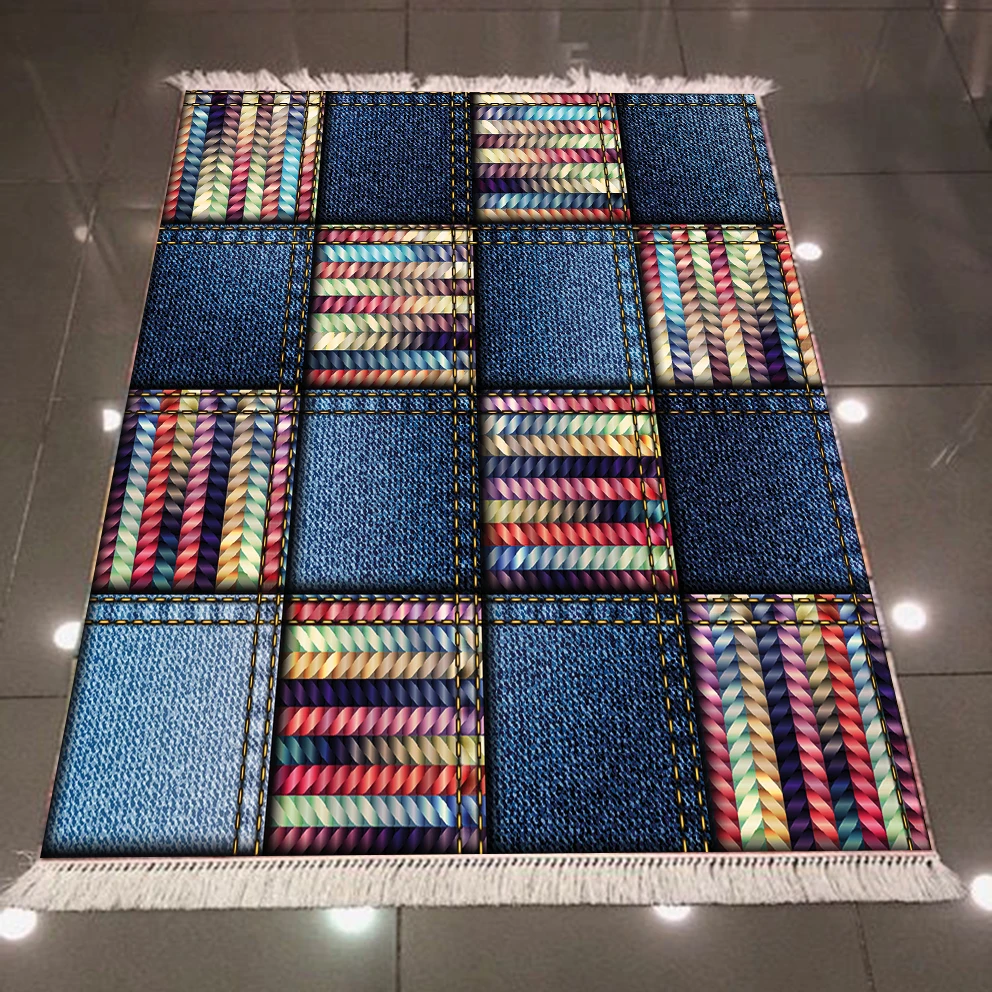 Синие джинсы эффект плитки Лоскутная цветная линия 3d принт, микроволокно анти скольжение обратно моющиеся декоративные килим области ковер