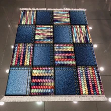 Синие джинсы эффект плитки Лоскутная цветная линия 3d принт, микроволокно анти скольжение обратно моющиеся декоративные килим области ковер
