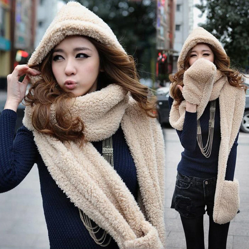 

3 in 1 Women Winter Warm Plush Hood Scarf Snood Pocket Hats Gloves Thicken