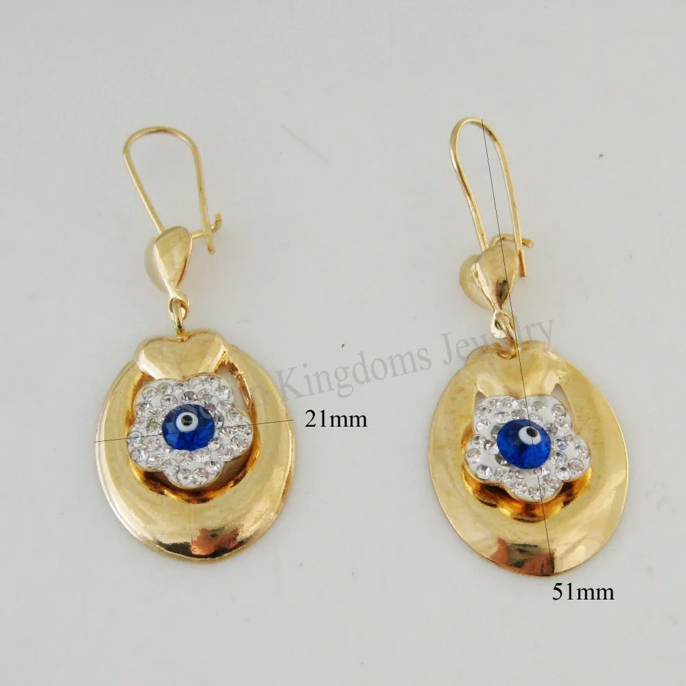 

MIN ORDER 10$ Can mix design/ NEW - YELLOW GOLD GP OVERLAY FLOWER SHAPE EVIL EYE 2" BLUE ENAMEL STUD EARRING /