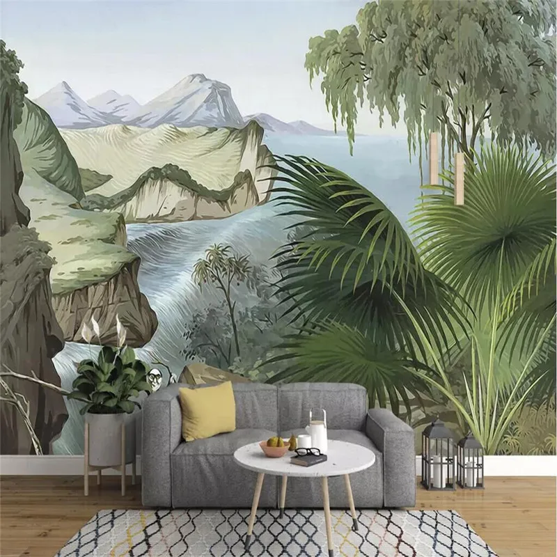 

European hand-painted retro rainforest canyon plantain monkey mural wall professional production wallpaper custom personalized m