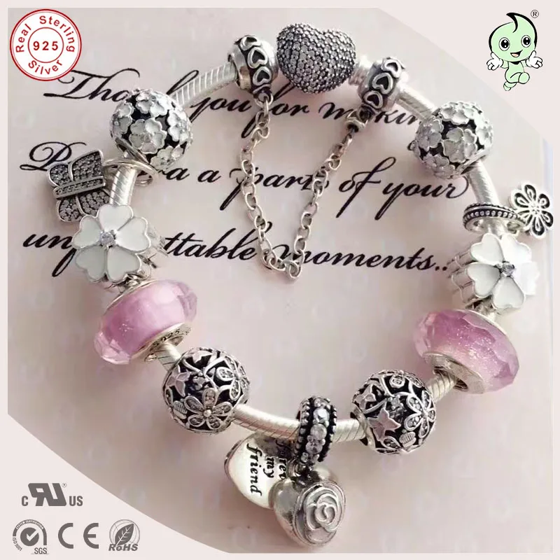 

Top Quality Luxurious Silver Jewelry Gifts Cherry Flower Charm Series Famous Brand 925 Sterling Silver Charm Bracelet For Gift