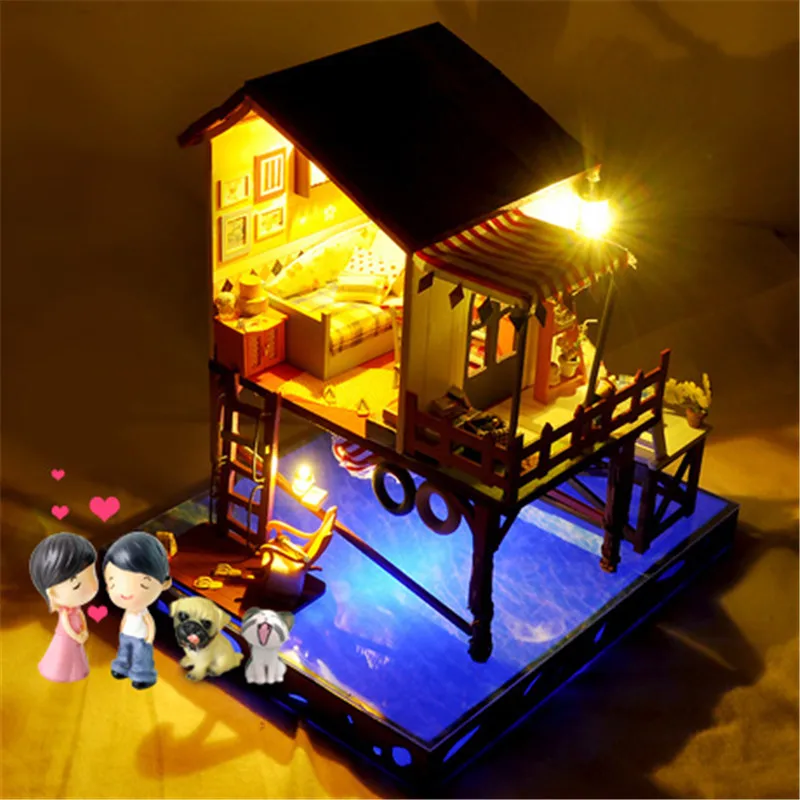 T Yu C3 Z Summer Sunset Sky DIY Doll House With Cover Music Light Gift Collection Decor Toydiy