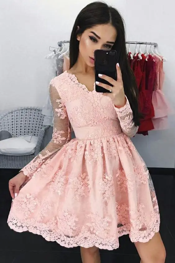 Сексуальное платье трапециевидной формы с v-образным вырезом, прозрачное, с длинными рукавами, кружевное розовое вечернее платье, короткое, с аппликацией, винтажное вечернее платье, robe de soiree - Цвет: Розовый