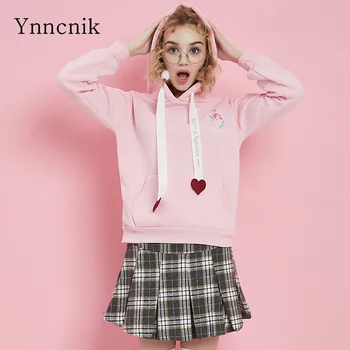 

Ynncnik Women Hoodies Sweet Pink Hooded Tracksuits Crane Embroidery Love Ribbon Sweatshirt Loose Fleece Hoodies Pullover S1006
