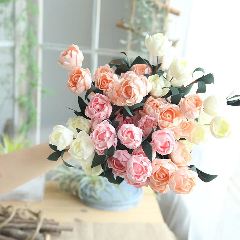 1PC Artificial PE Rose Flowers for Xmas New Year Home Table Decor Wedding Party Birthday Decoration 40cm 6 Heads Fake Plants