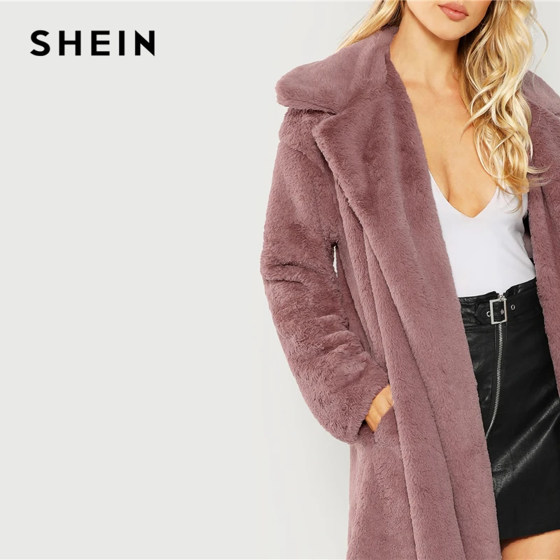 SHEIN Rosa Oficina señora elegante abierto frente largo piel sintética Teddy sólido abrigo 2018 otoño minimalista mujeres abrigos ropa de abrigo - 5