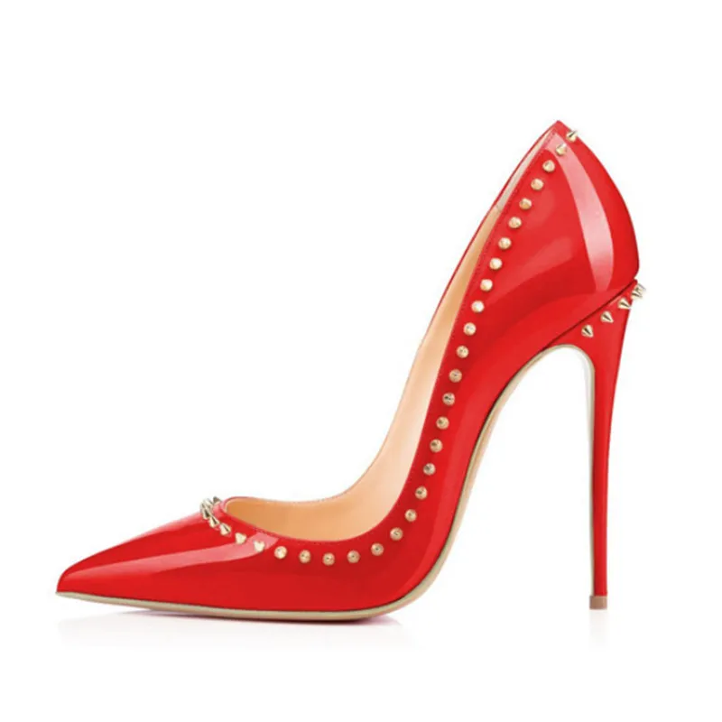 

12CM Heel Height Studded Rivets Wedding Party Women Shoes Sexy Women Pumps Red Black Pointed High Heels Plus Size 45 Top Quality