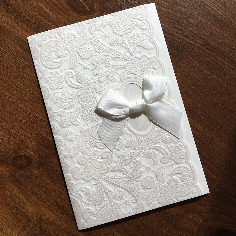 

L016 Elegant Wedding Invitation card classic desing while color with satin bow