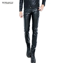 MORUANCLE зимние мужские мотоциклетные брюки из искусственной кожи, облегающие брюки для танцевальной вечеринки, байкерские кожаные штаны для мужчин