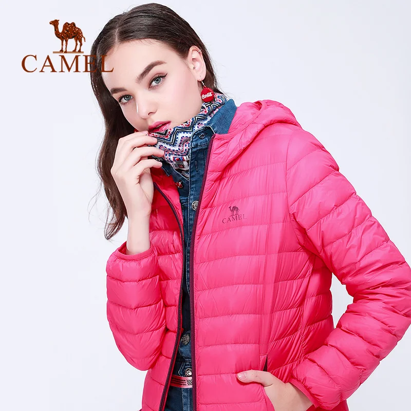 CAMEL зимний ультра легкий пуховик на белом утином пуху с капюшоном куртки длинным