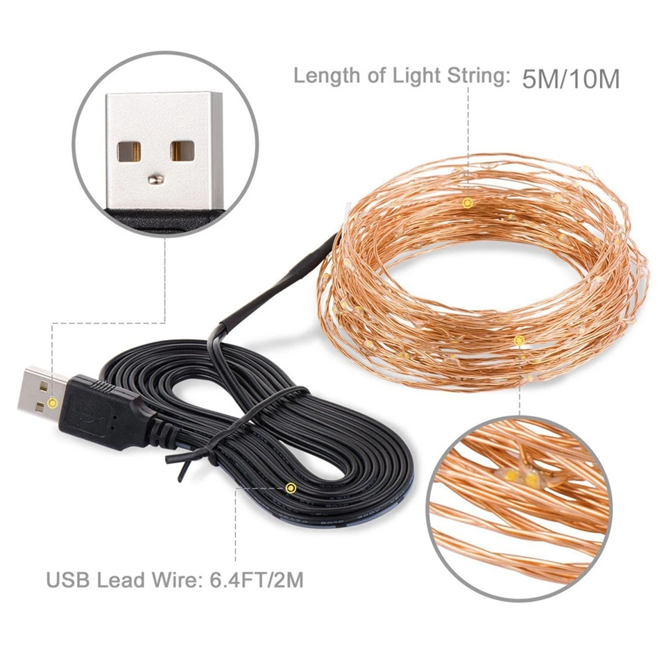 5M 50leds 10m 100leds USB LED String Lights Starry Lights Copper Wire For Home Bedroom Party Wedding Decoration