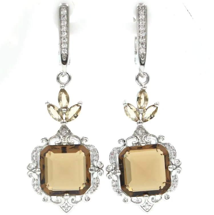 

2019 New Designed Smokey Topaz White CZ Gift For Sister 925 Silver Earrings 46x17mm