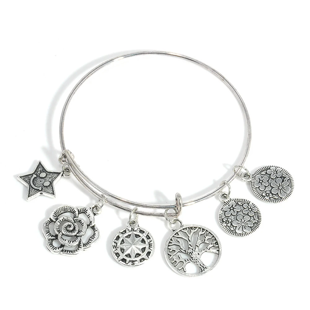 Retro Antique Silver Tree Star Flower Charm Pendant Bracelet Bangle