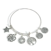 Retro Antique Silver Tree Star Flower Charm Pendant Bracelet Bangle Lady Jewelry Wedding Bridal Pulseira brazalete Mujer Kids