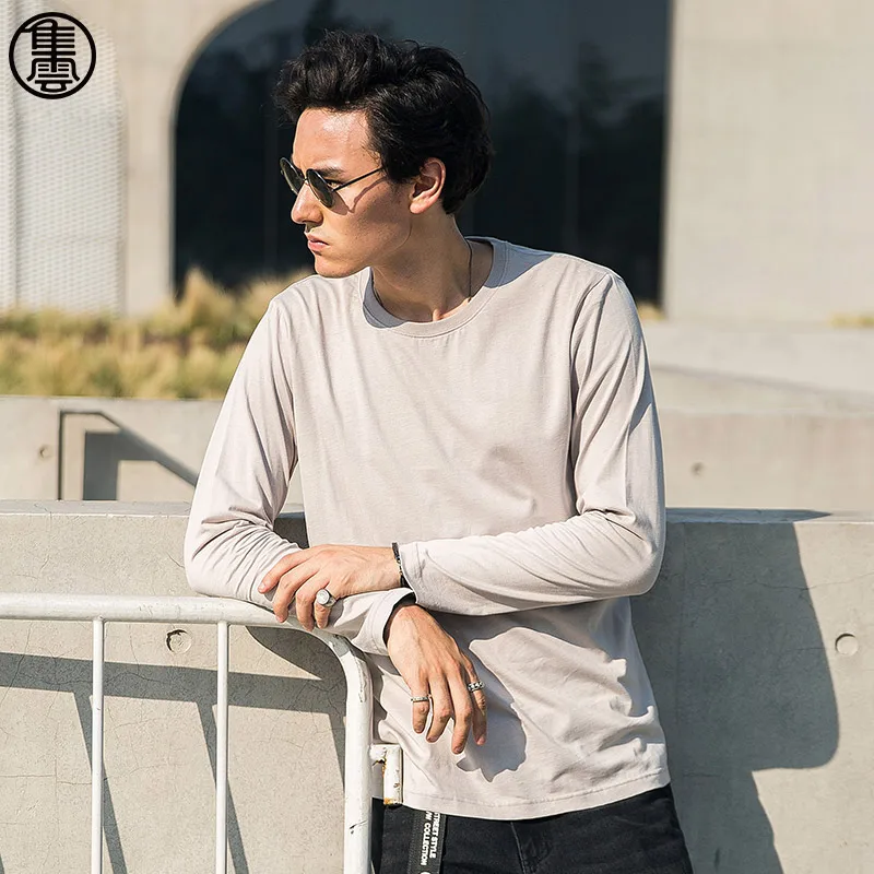 Men's Spring 5 Colors Loose Style Cotton T-shirt Fashion Solid Color O-Neck Long Sleeve All-match Tees 73CT666LX | Мужская одежда