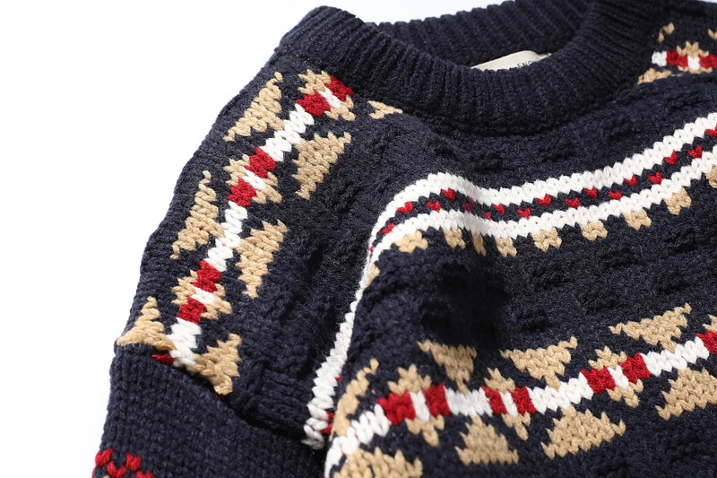 Осень и зима женский корейский, геометрической формы узор вышивка с длинными рукавами Свободный круглый вырез вязаный свитер